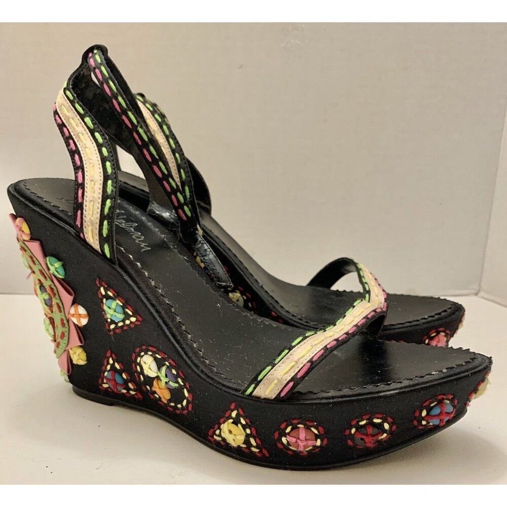 Sam Edelman Women Shoes Sandals Black Embroidered Wedge Ankle Strap 8M Colorful